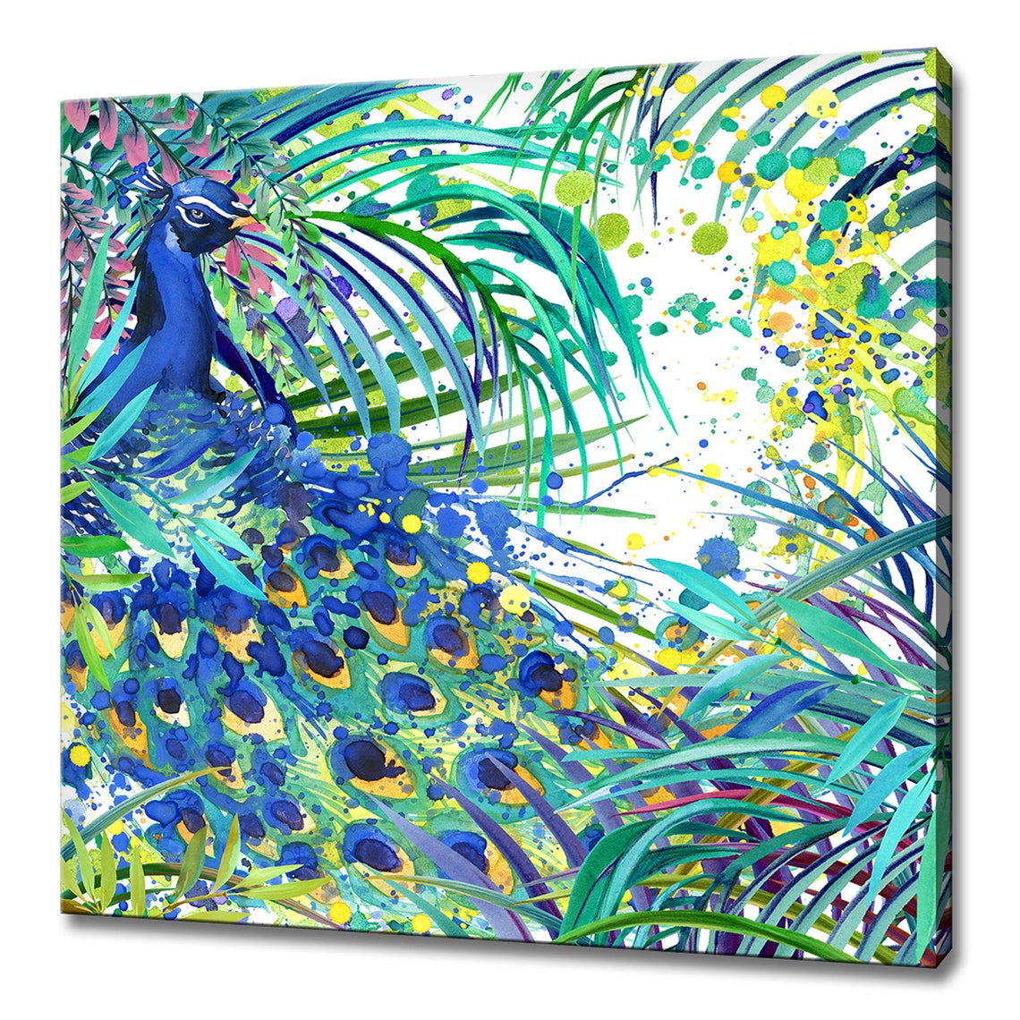 Colorful Peacock Tropical Watercolor Exotic Palm Leaves Art Print
