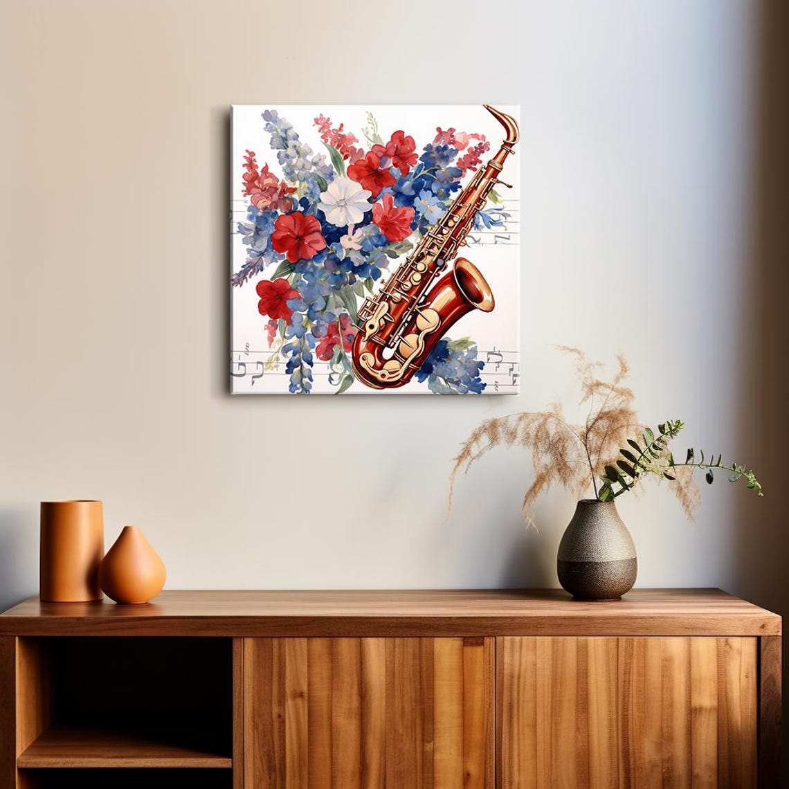 Saxophone With Red Blue Flowers Watercolor Music Lover Gift Art Print - Image 2