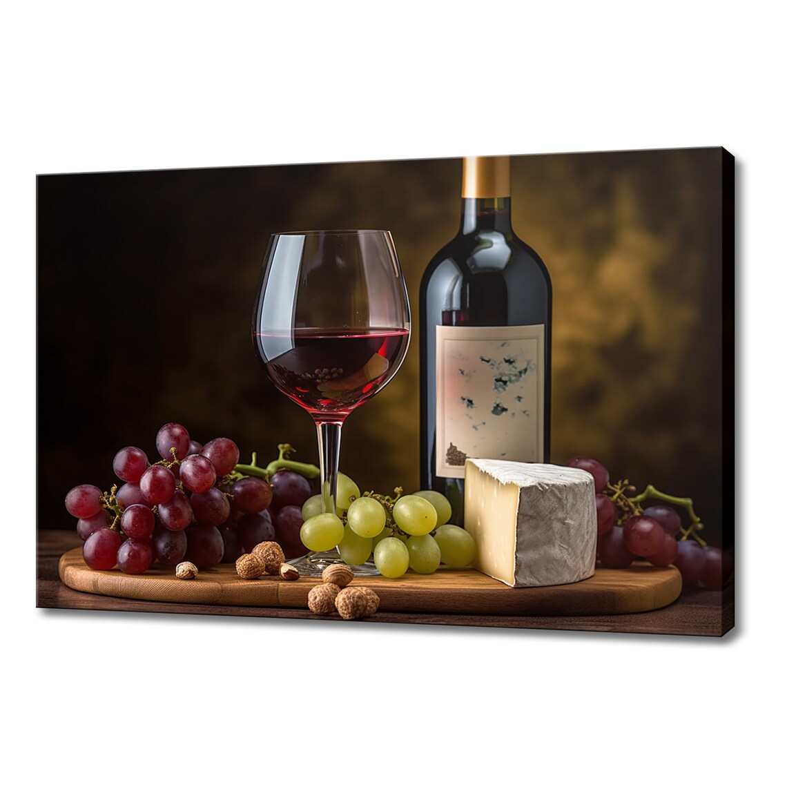 Red Wine Bottle Glass Grapes Cheese Vintage Still Life Kitchen Wall Poster