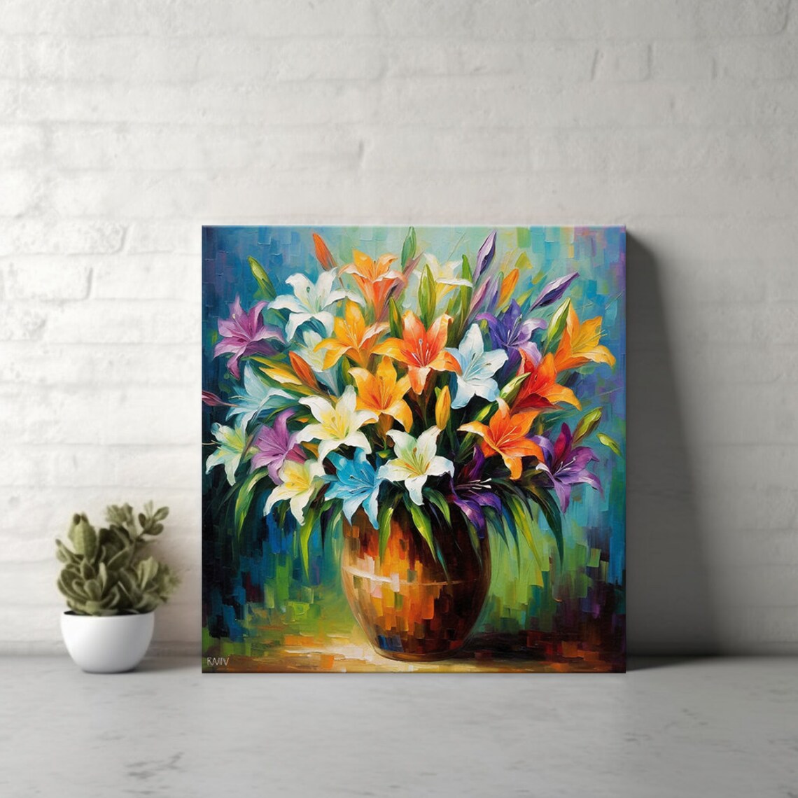 Multicolour Lily Bouquet Amber Vase Mosaic Impasto Floral Art Poster - Image 4