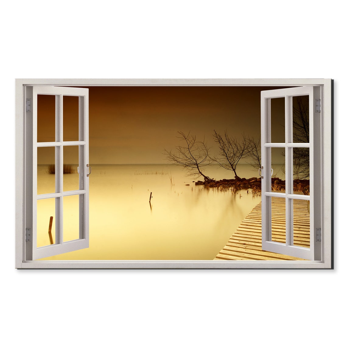 Lake Balaton Golden Sunset Calm Water Wooden Dock Window View Poster