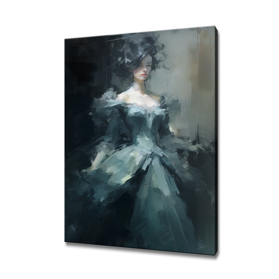 Elegant Lady In Blue Grey Victorian Baroque Puffy Dress Painting Style Print Modern Home Decor Fashion Wall Art Gift For Her