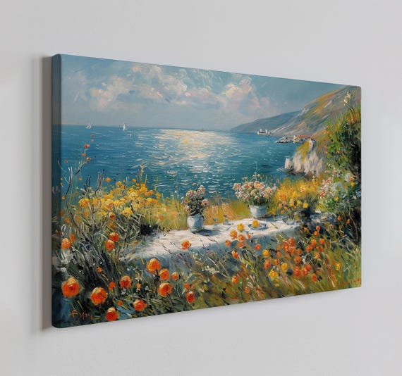 Mediterranean Seascape Vintage Painting Monet Style Print Farmhouse Decor Art Nature Picture Wall Hanging Fine Art Print