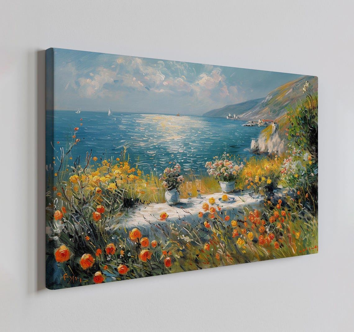 Mediterranean Coast Sailboats Cliffs Wildflowers Impressionist Poster