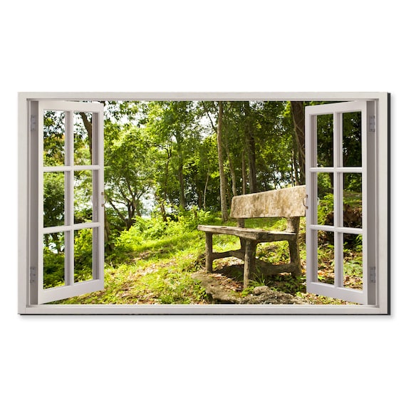 Old Bench In The Green Forest Window View Window Frame Style Modern Design Home Decor Print Wall Art Picture Ready To Hang