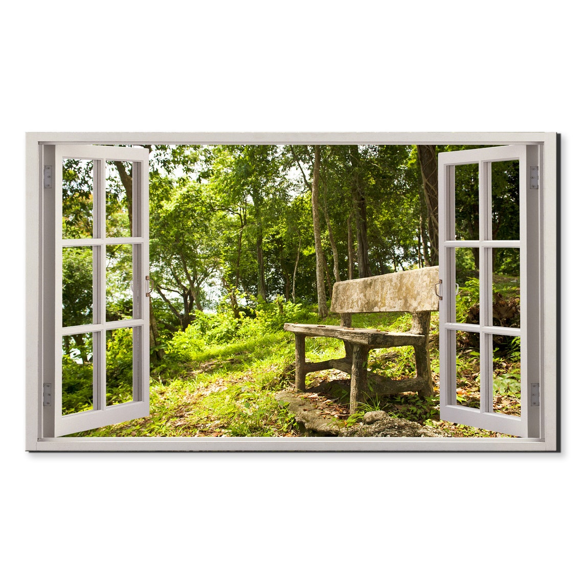 Old Wooden Bench In Sunlit Green Forest Open Window View Nature Poster