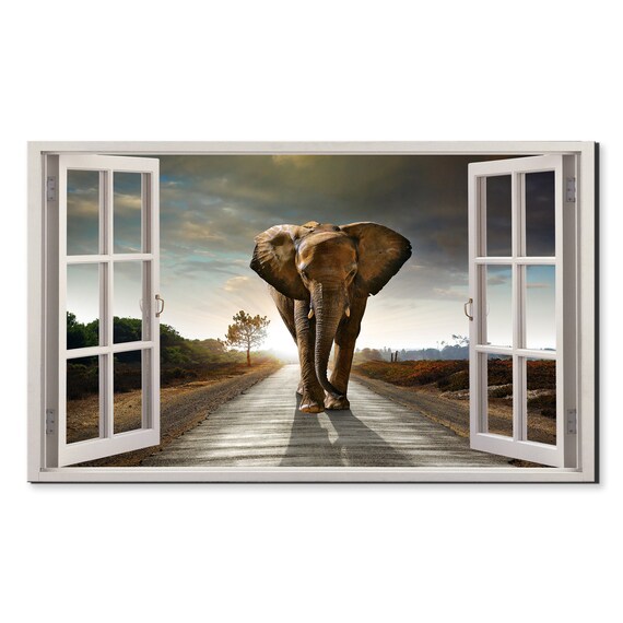 African Elephant Walking on Safari Road Window View Animal Print