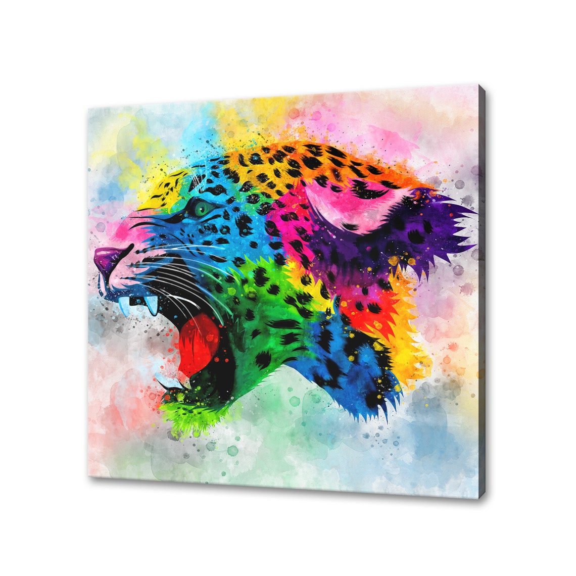 Roaring Leopard Head Rainbow Watercolour Wild Cat Animal Poster