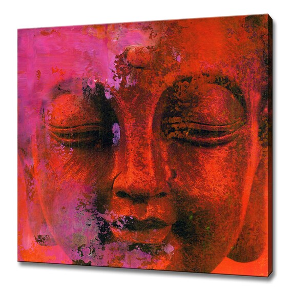 Red Pink Abstract Buddha Face Closed Eyes Textured Zen Art Poster