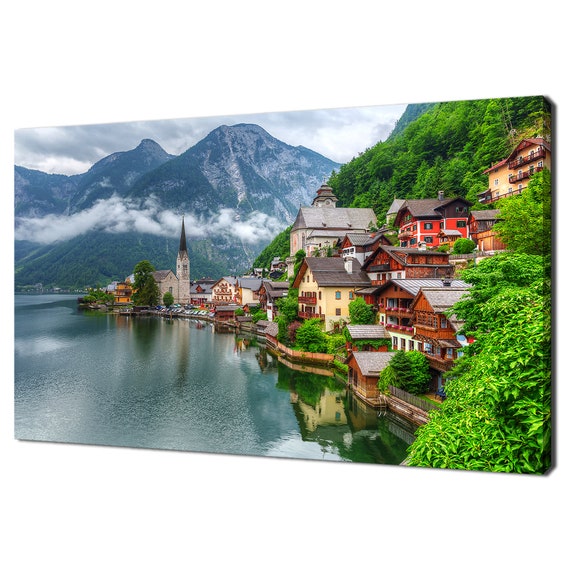 Hallstatt Village In Alps On A Misty Day Austria Modern Design Home Decor Print Wall Art Picture Wall Hanging