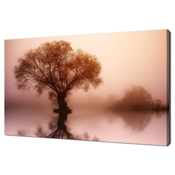 Lonely Tree At Foggy Lake Sunset Modern Design Home Decor Print Wall Art Picture