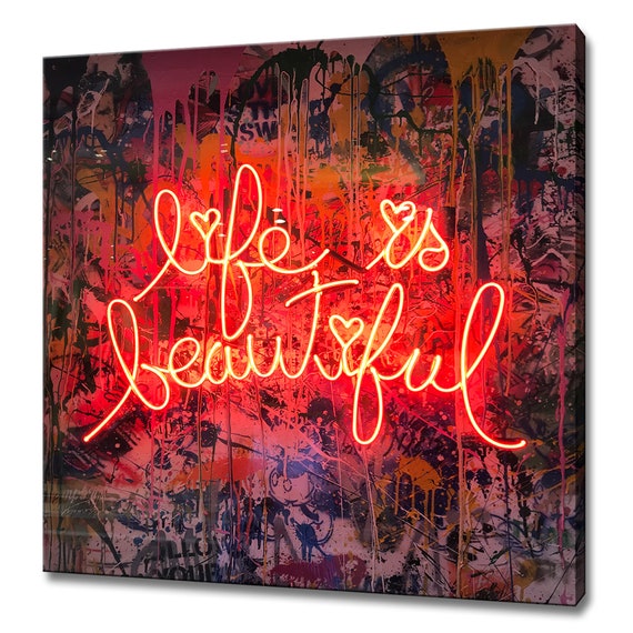Life Is Beautiful Neon Sign, Modern Typography Art Print