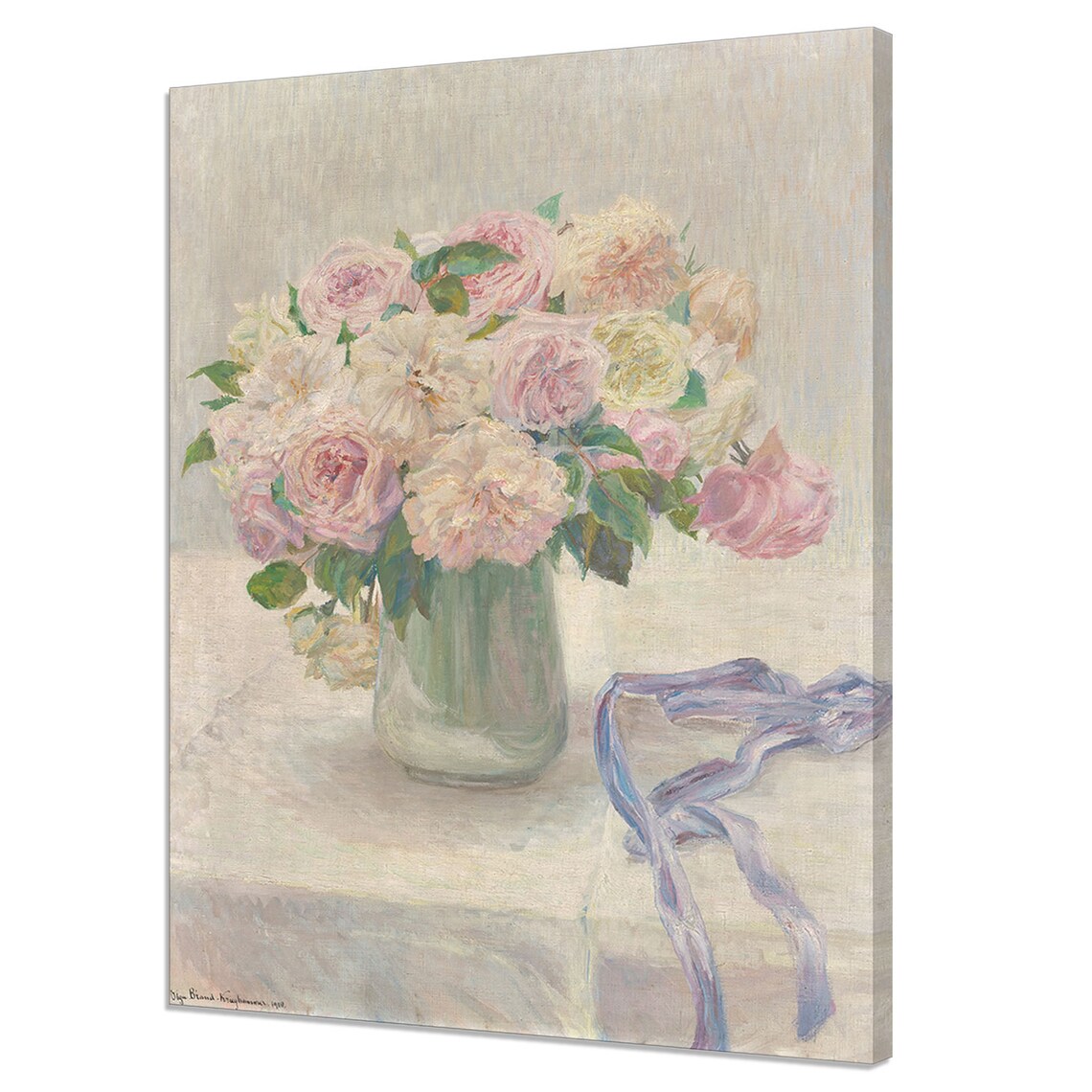 Pink Pale Roses Still Life, Vintage Oil Painting Print