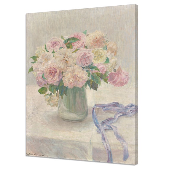 Pink Pale Roses Still Life, Vintage Oil Painting Print