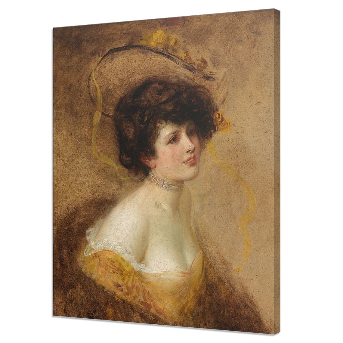 Lady With A Hat In A Yellow Dress Eduard Veith Reproduction Vintage Painting Print Antique Female Portrait Fine Art Print