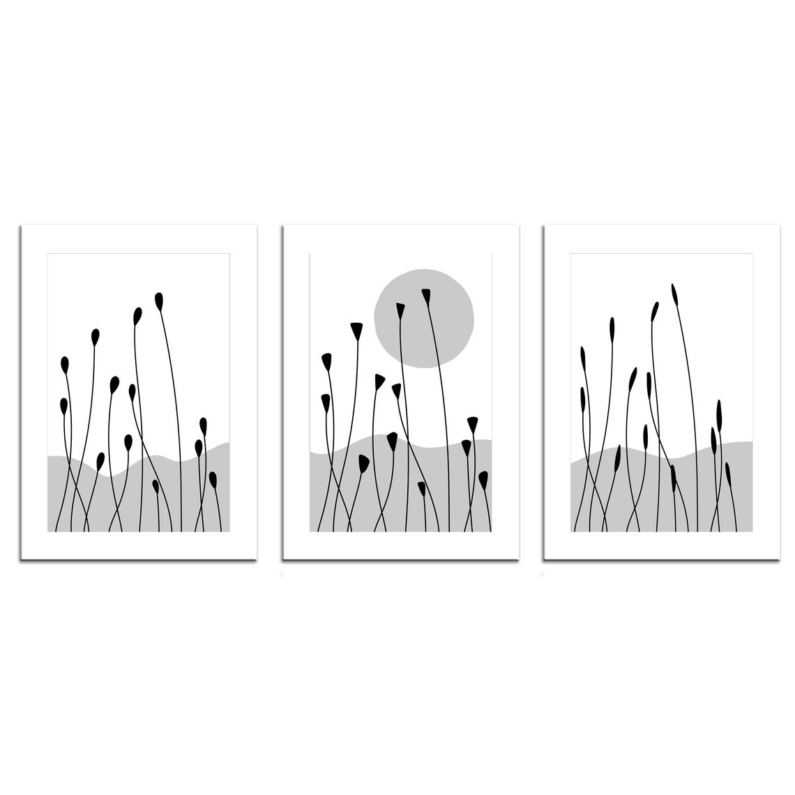 Abstract Black And White Grass Moon Minimalism 3 Panels Modern Print Wall Art Picture
