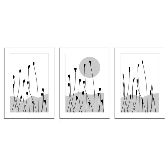 Minimalist Black White Grass Stems With Moon Triptych Art Poster