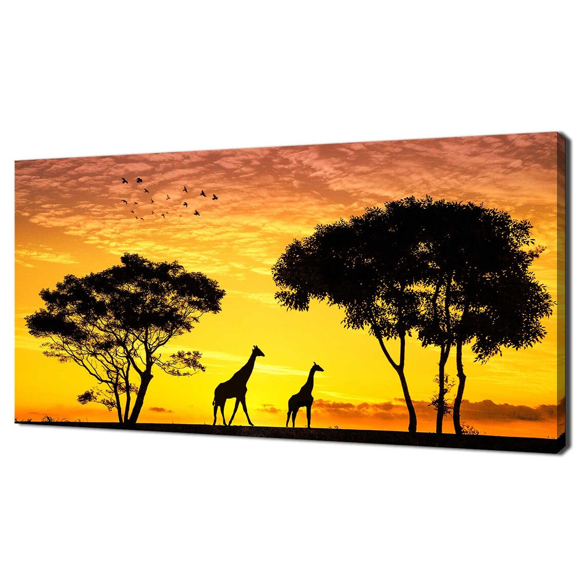 African Giraffes Silhouette Sunset Savanna Trees Orange Sky Animals Poster