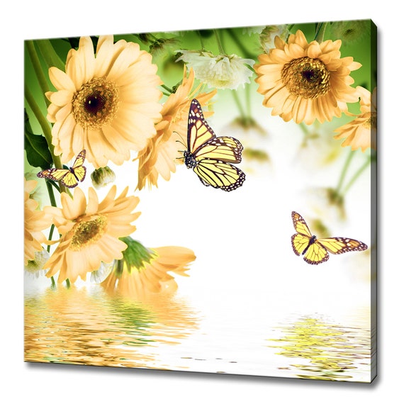 Beautiful Yellow Gerbera Daisies Flowers And Butterflies Modern Design Home Decor Print Wall Art Picture Wall Hanging