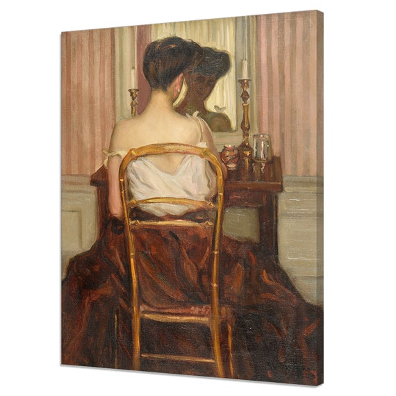 Woman Sitting In Front Of The Mirror Vintage Painting Print Victorian Lady Fine Print Antique Female Portrait Moody Rustic Print