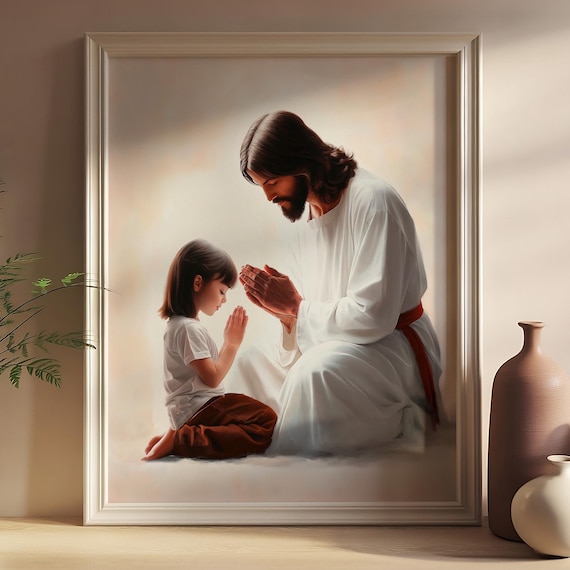 Comforting Jesus And A Little Girl Praying Together Wall Art