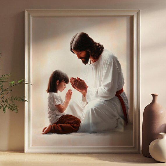 Personalized Jesus Praying With A Child Painting Christian Art Print Inspiring Jesus And Kids Art Custom Lds Decor Bible Verse Artwork