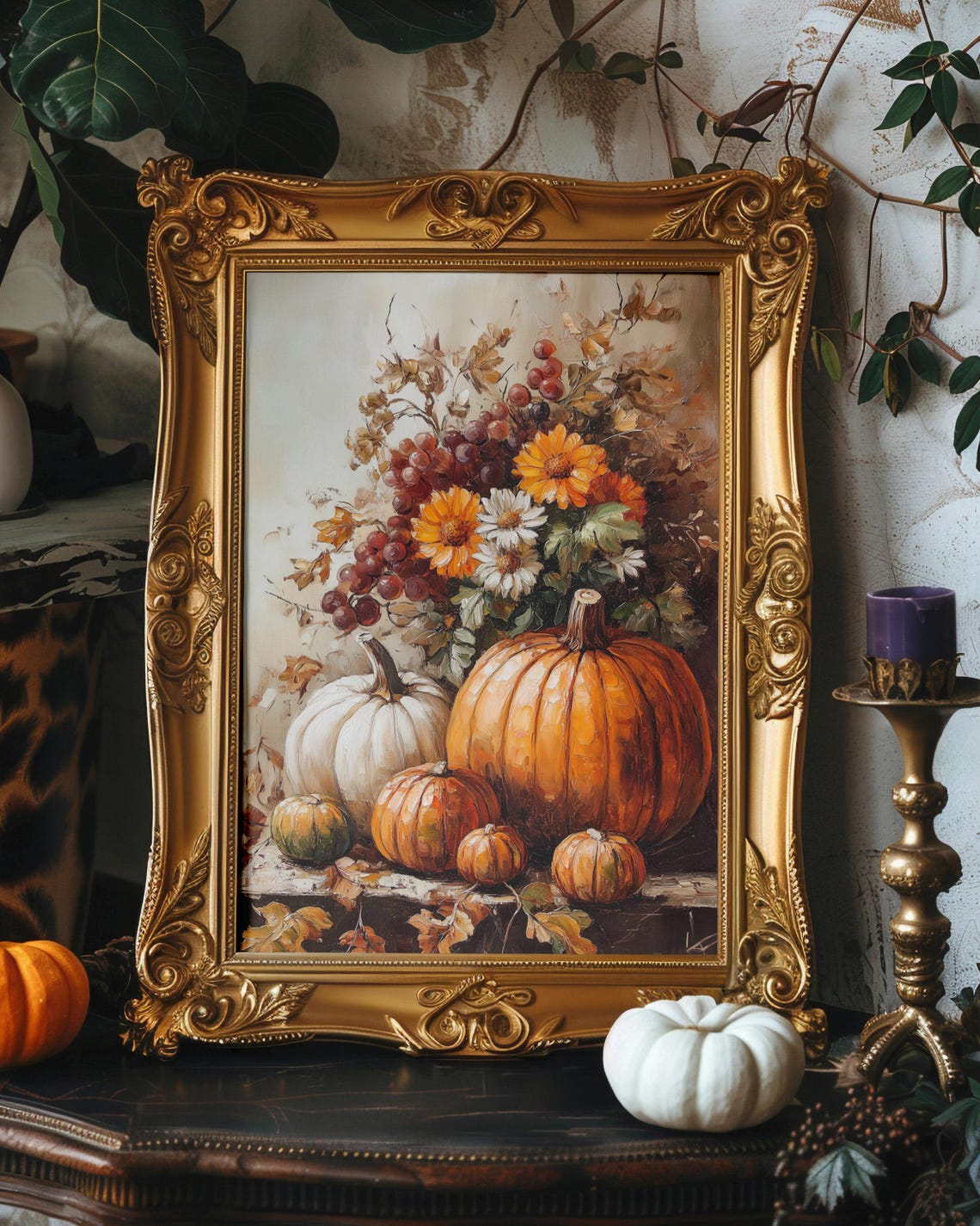Fall Still Life With Pumpkins Flowers And Grapes Vintage Oil Poster