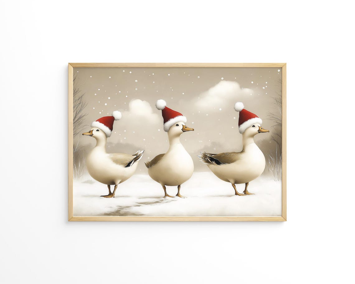 Three Cute Ducks Wearing Santa Hats Snowy Christmas Winter Wall Art