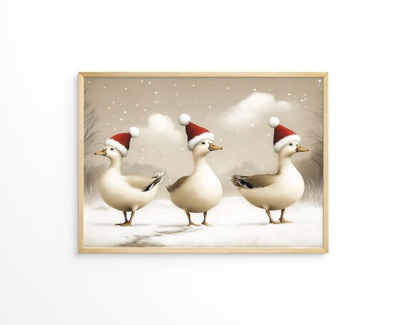 Three Cute Ducks Wearing Santa Hats Snowy Christmas Winter Wall Art