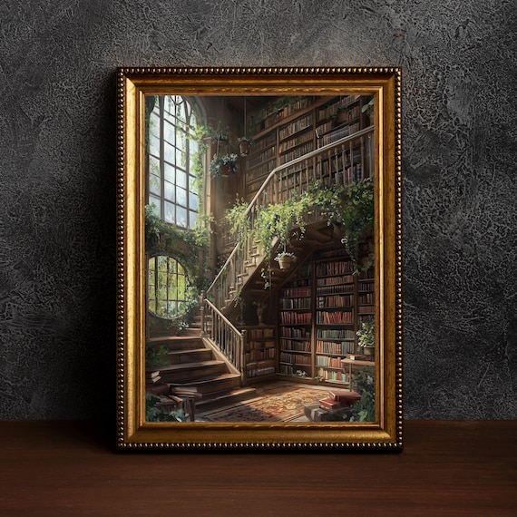 Enchanted Overgrown Library Staircase Dark Academia Wall Art