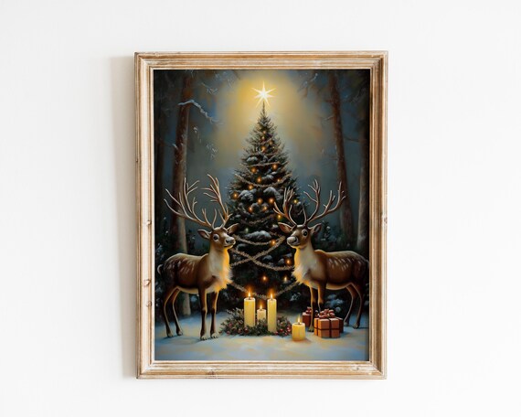 Two Reindeer By Glowing Christmas Tree In Snowy Forest Art Poster
