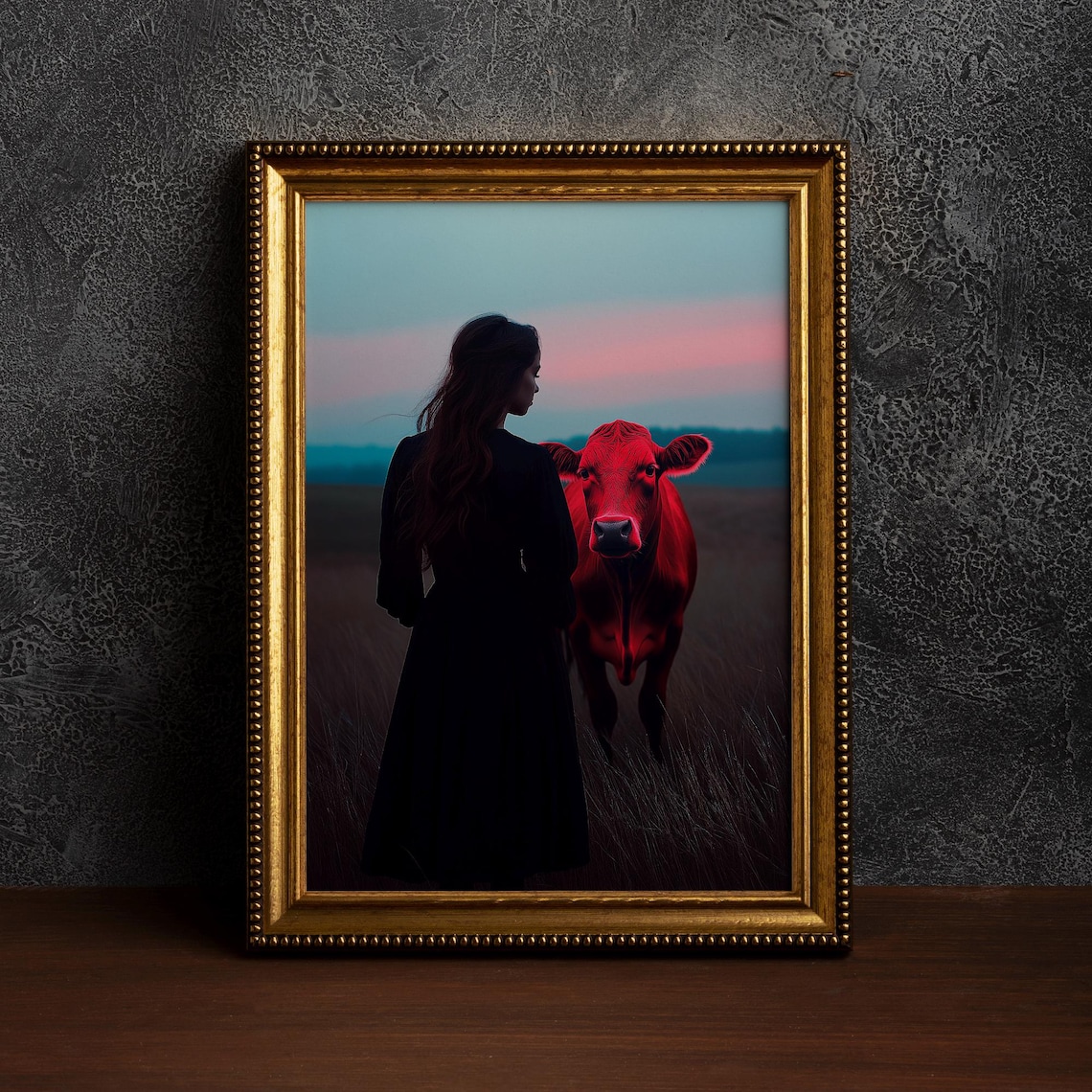 Woman In Black With Glowing Red Cow At Dusk Surreal Fine Art Poster