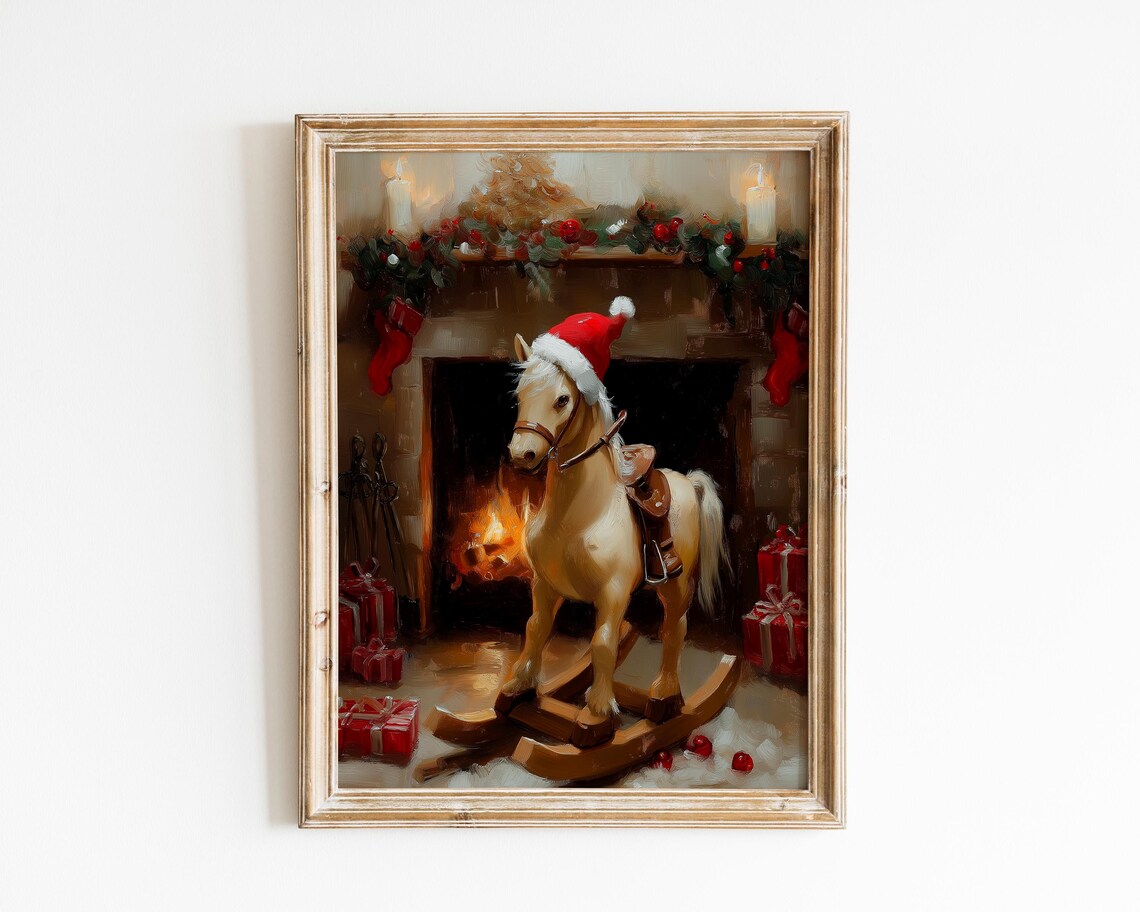 Wooden Rocking Horse Kids Christmas Art Holiday Decor Kidschildrens Room Artchristmas Printrocking