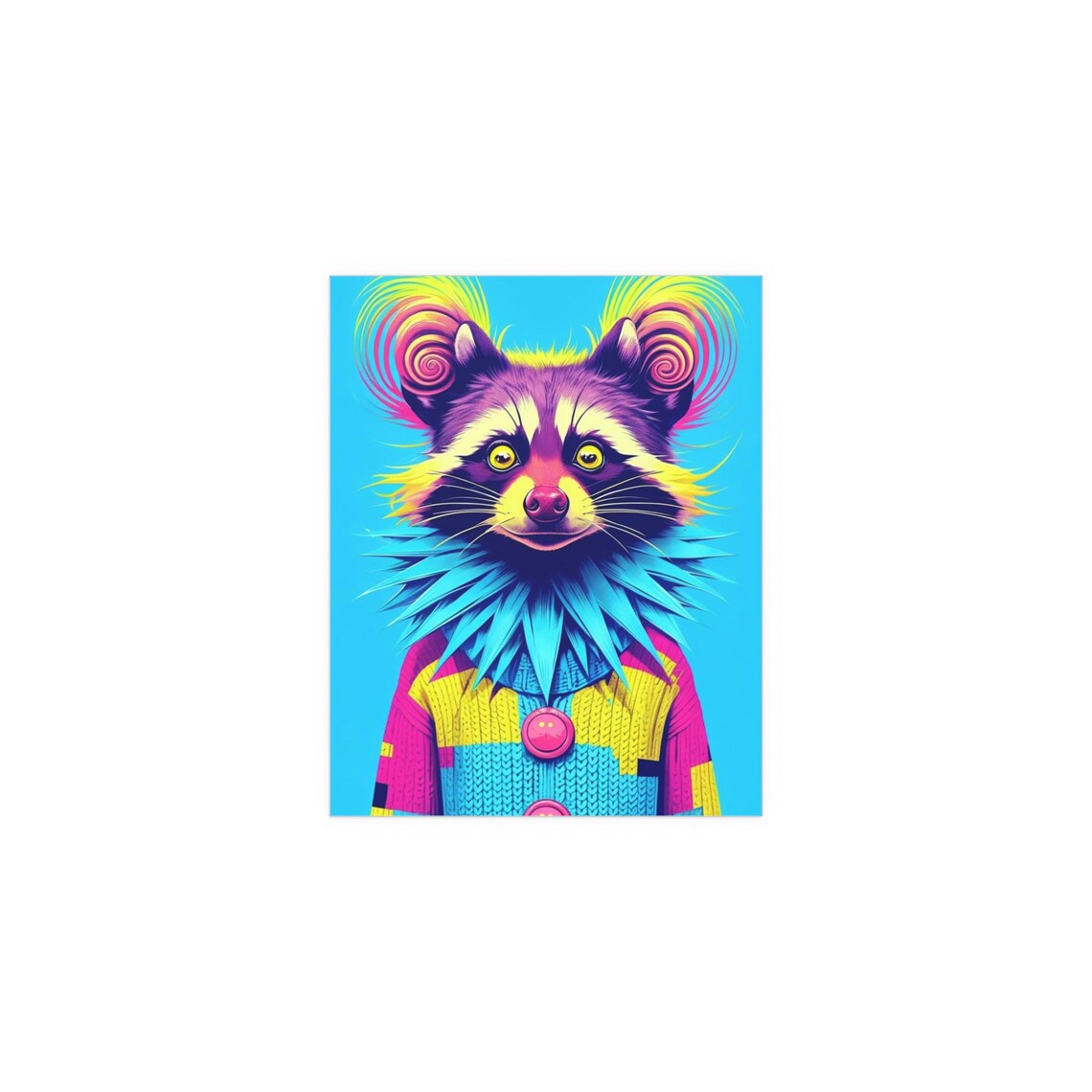 Psychedelic Neon Raccoon in Colorful Circus Clown Outfit Poster