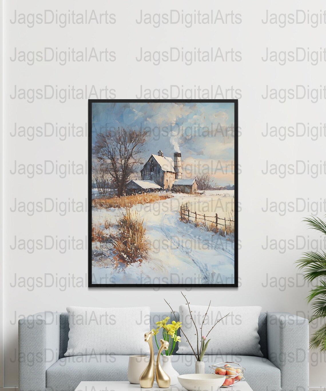 Snowy Farm Barn Oil Painting Winter Countryside Landscape Scene Poster - Image 6