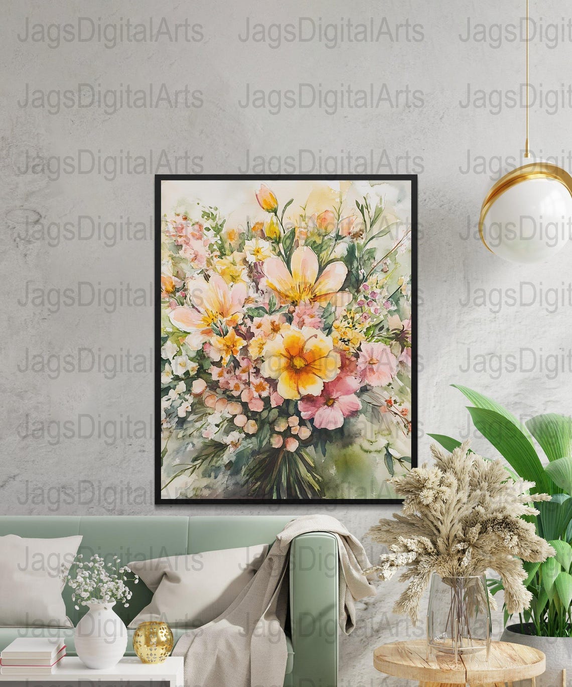 Watercolor Wildflower Bouquet Pink Yellow Loose Floral Painting Poster - Image 4