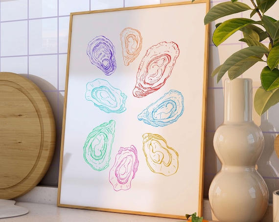Colorful Oyster Shell Line Art Rainbow Coastal Kitchen Decor Poster