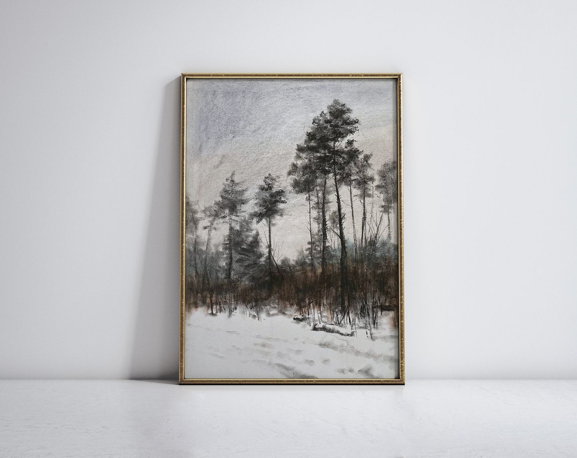 Snowy Winter Pine Forest Charcoal Landscape Wall Art Decor Gift