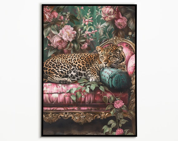 Leopard Lounging On Sofa Wild Animal Art Maximalist Wall Maximalist Decor Leopard Print Leopard Art Leopard Lover Gift 1