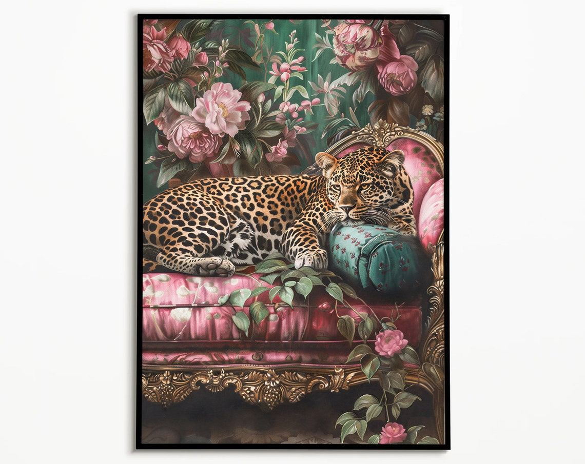Leopard Lounging On Sofa Wild Animal Art Maximalist Wall Maximalist Decor Leopard Print Leopard Art Leopard Lover Gift 1