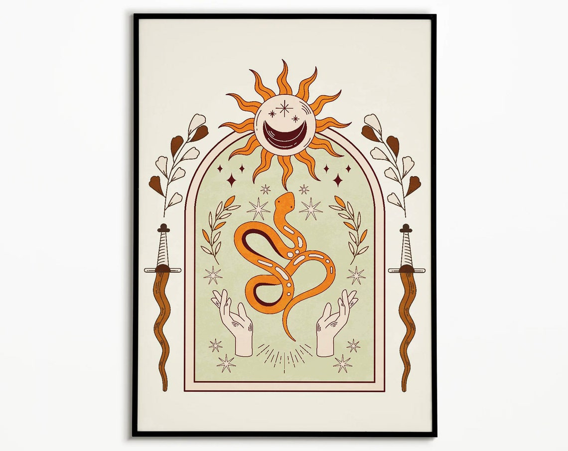 Mystical Celestial Sun Moon Snake Stars Boho Spiritual Poster Art