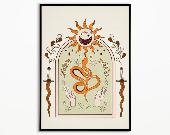 Mystical Celestial Sun Moon Snake Stars Boho Spiritual Poster Art