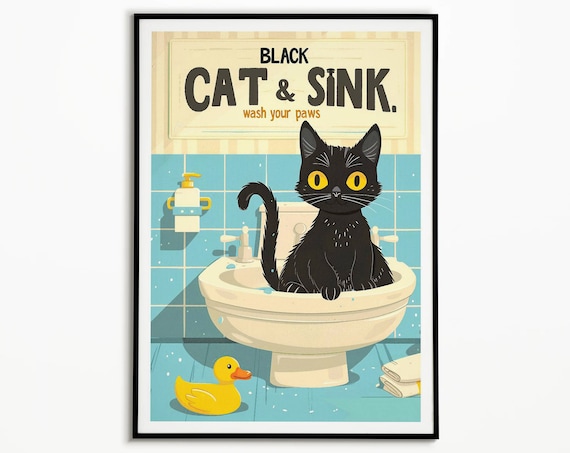 Black Cat and Sink Wash Your Paws Poster Retro Bathroom Cat Humor Wall Decor