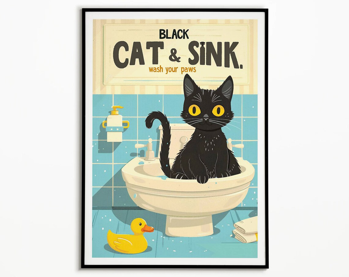 Black Cat and Sink Wash Your Paws Poster Retro Bathroom Cat Humor Wall Decor