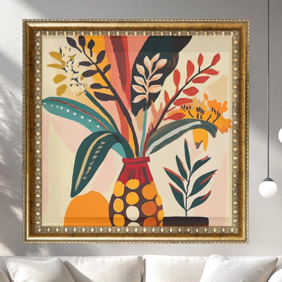 Colorful Abstract Floral Print Mid Century Modern Wall Art Retro Flower Bouquet Boho Decor Statement Piece