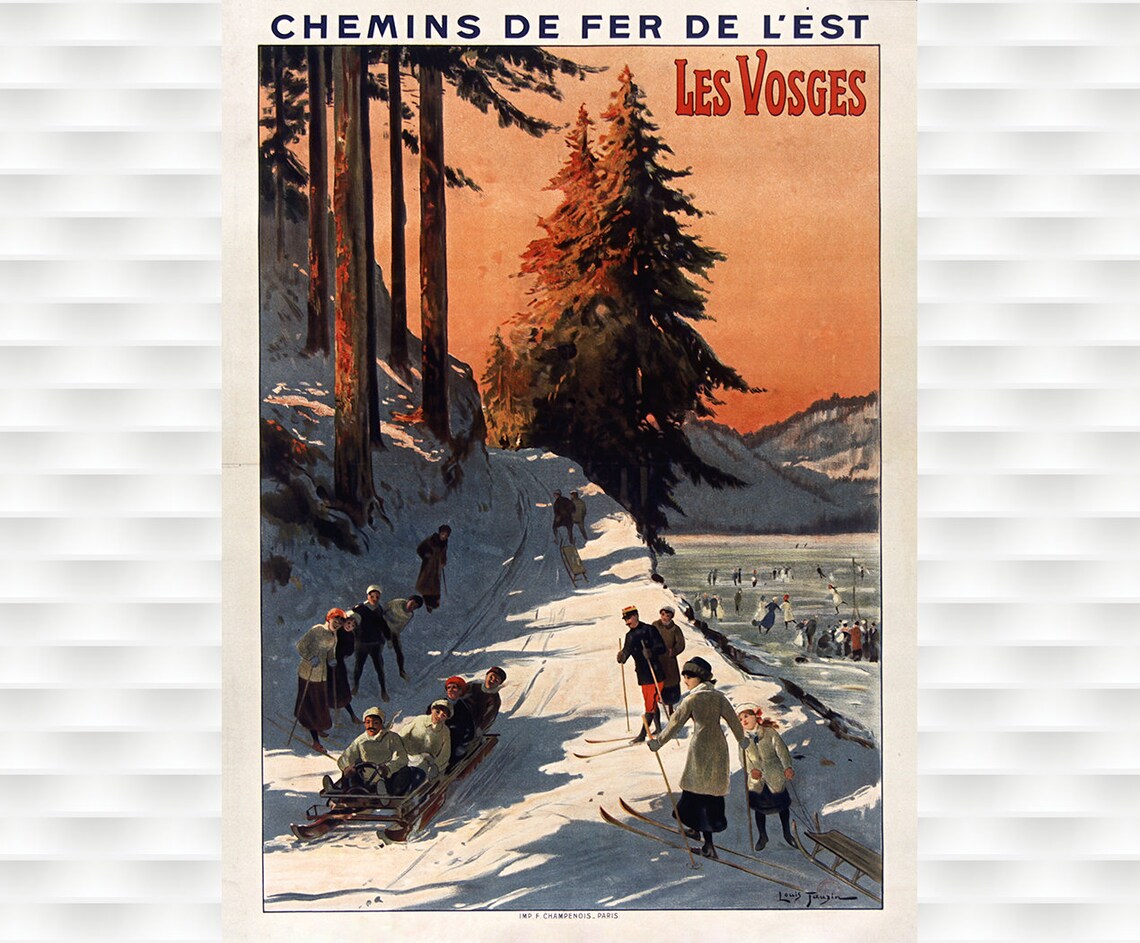 Les Vosges Winter Sledding Vintage French Railway Travel Poster