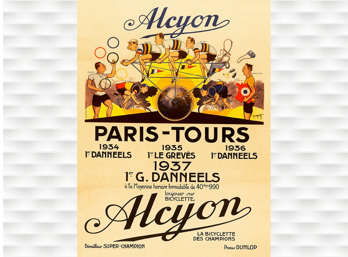 Alcyon Paris Tours 1934 1937 Champions Vintage Bicycle Poster