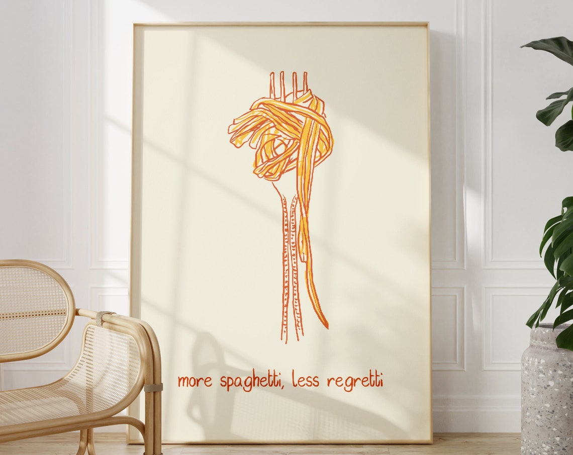 More Spaghetti Less Regretti Fork Pasta Line Art Funny Kitchen Poster