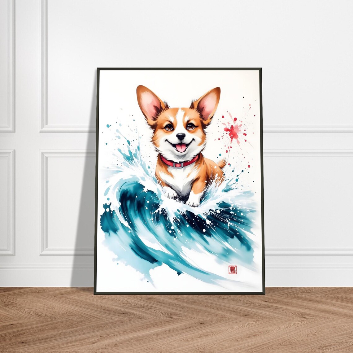 Surfing Corgi Japanese Watercolor Ink Style Art Print