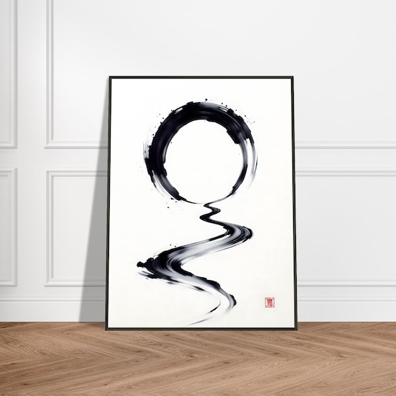 Enso Circle Flowing into Winding River Black Ink Poster Artwork